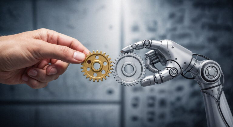 Menschliche Hand und Roboterhand verbinden Zahnräder – Symbol für Automatisierung und Zusammenarbeit