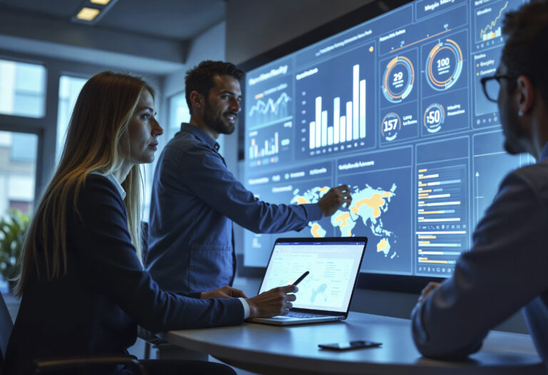 Team analysiert Daten auf interaktiven Dashboards – Business Intelligence Planung und Datenvisualisierung im Unternehmen.
