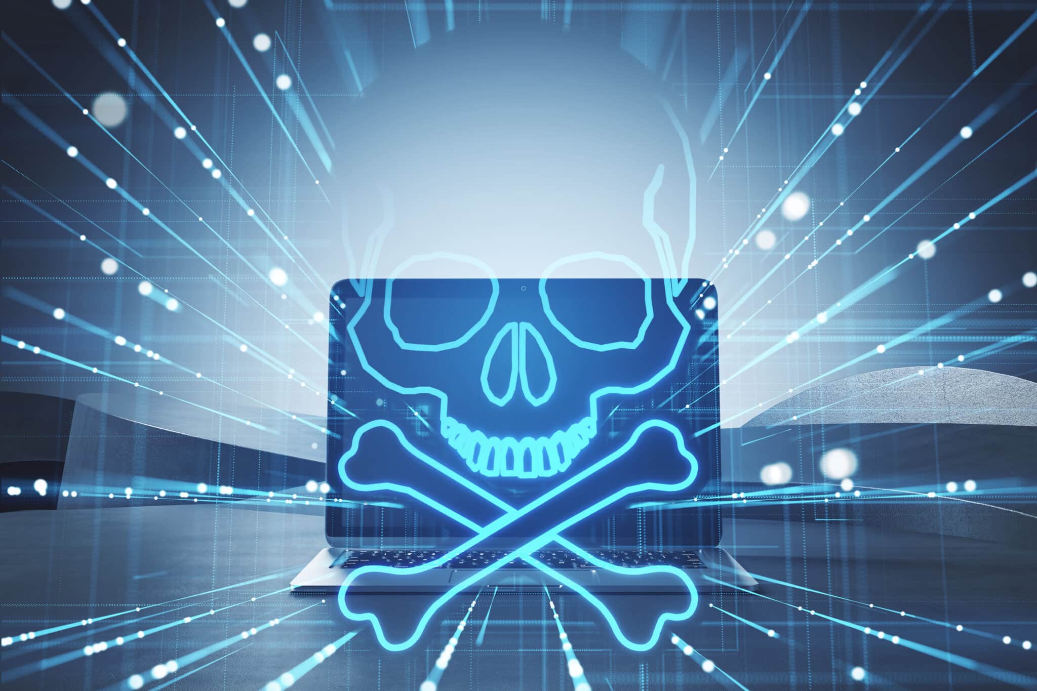 Laptop mit Totenkopf-Symbol – Symbolbild für versteckte Malware und Cybersecurity-Bedrohungen.