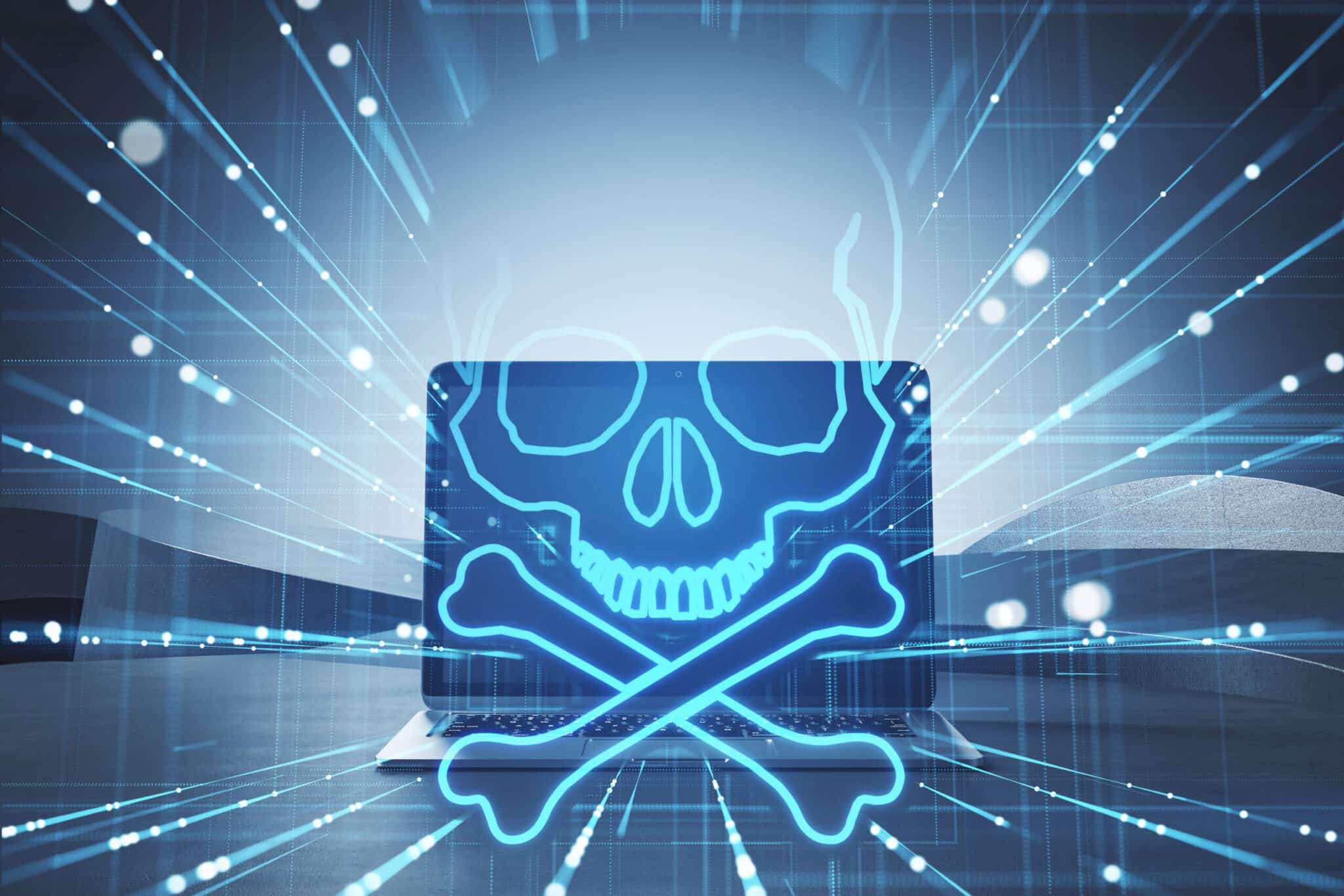 Laptop mit Totenkopf-Symbol – Symbolbild für versteckte Malware und Cybersecurity-Bedrohungen.