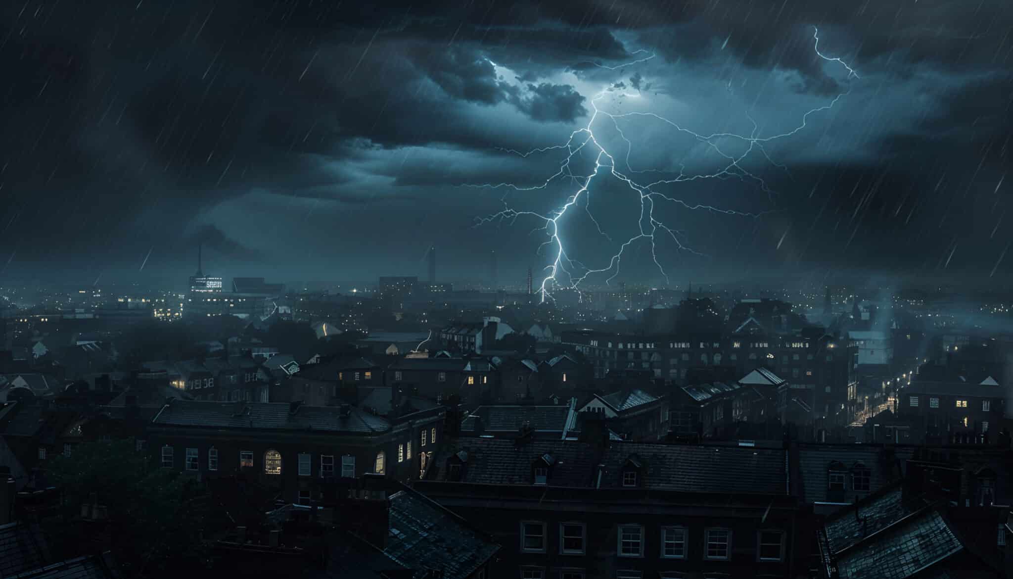 Ein starkes Gewitter mit Blitzen über einer Stadt bei Nacht. Das Bild steht für die Notwendigkeit, Unternehmen auf wetterbedingte Krisen vorzubereiten.