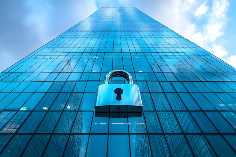 Glasgebäude mit großem Schloss als Symbol für IT-Sicherheit und Datenschutz für Unternehmen