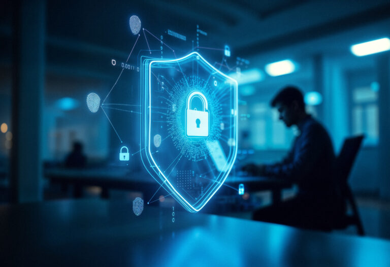 Digitales Sicherheitssymbol mit Schloss und Fingerabdrücken vor Mitarbeiter im Hintergrund