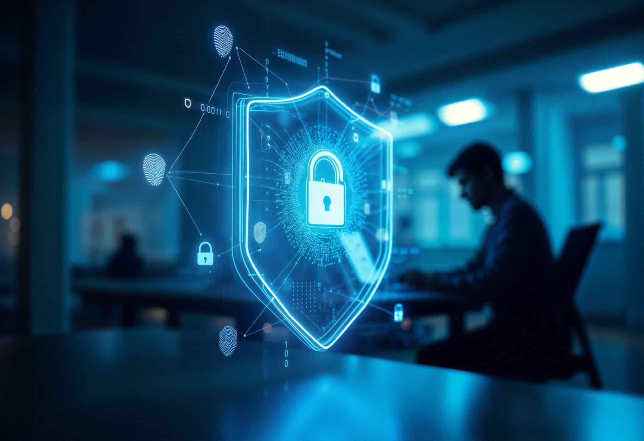 Digitales Sicherheitssymbol mit Schloss und Fingerabdrücken vor Mitarbeiter im Hintergrund