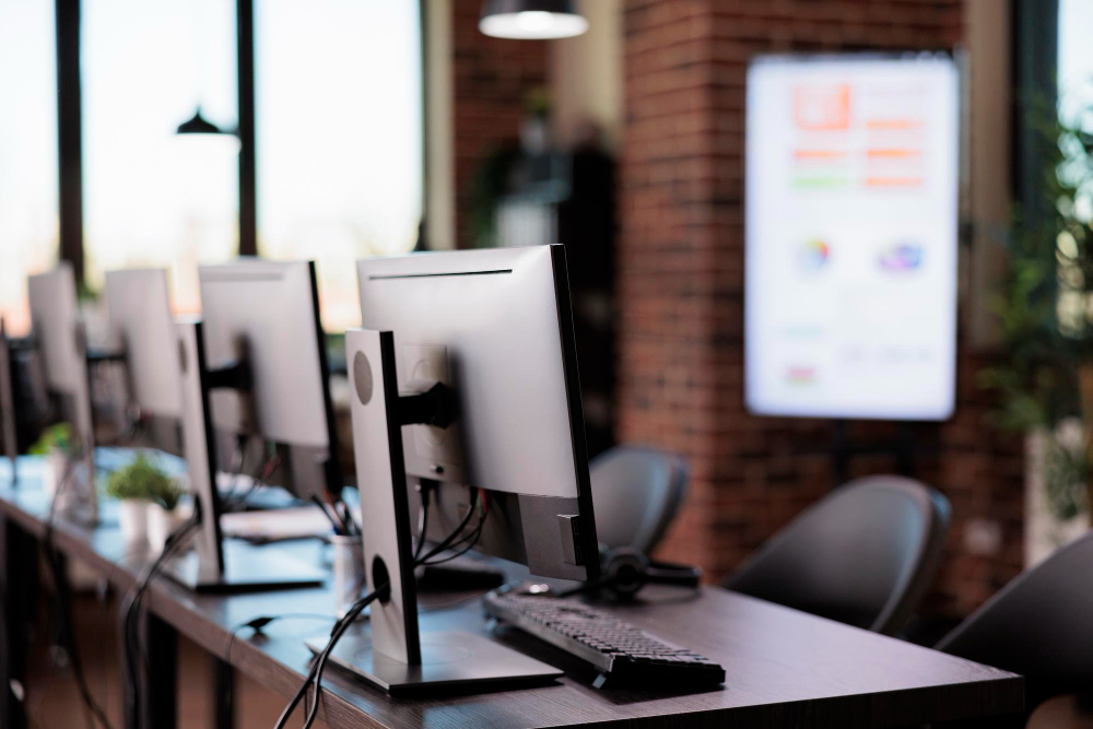 Modernes Büro eines IT-Systemhauses mit Serverracks im Hintergrund