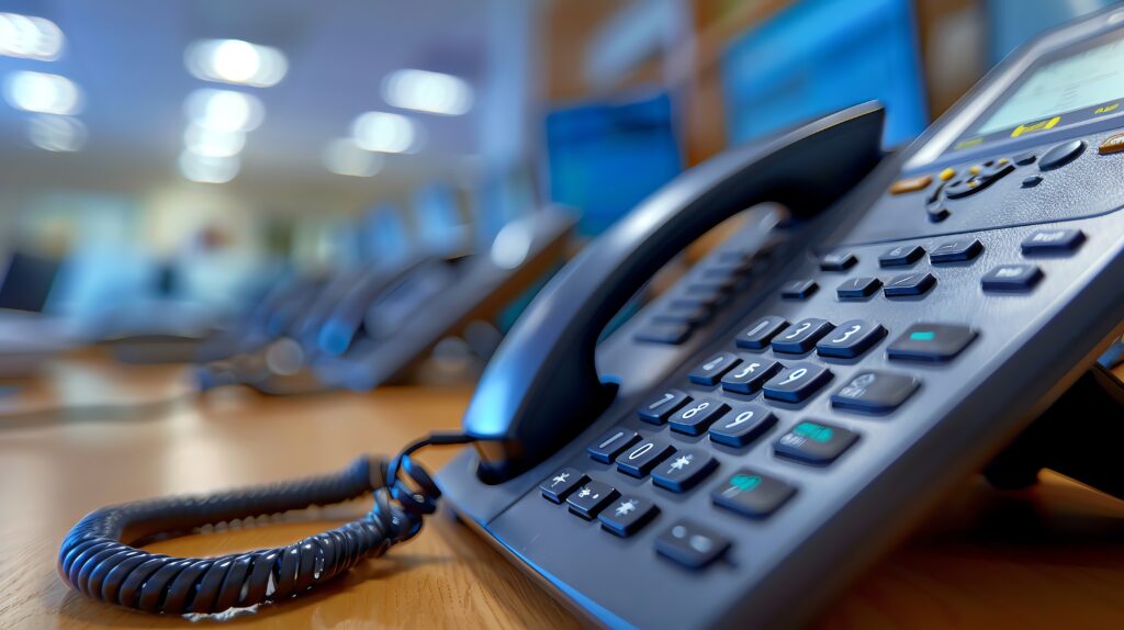 Schreibtischtelefon in einem Büro mit klarer Tastaturansicht