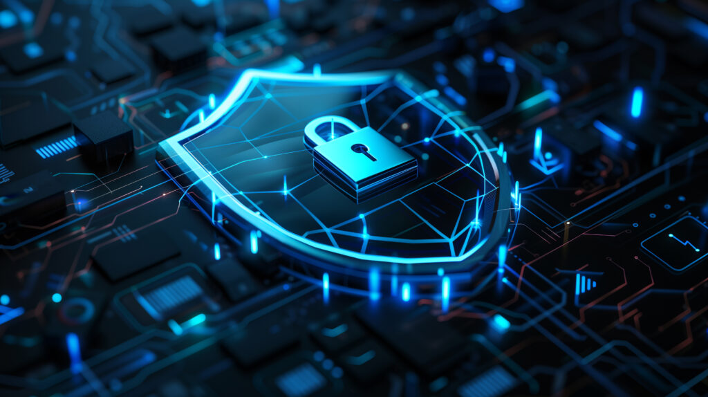 Digitales Schloss mit Schild auf einem abstrakten, technischen Hintergrund