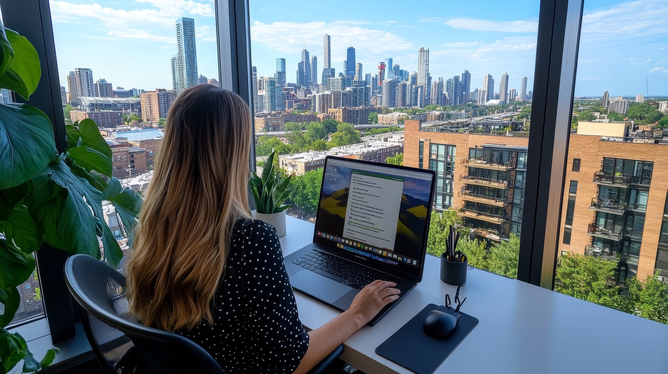 Frau arbeitet mit Laptop in modernem Büro mit Blick über Stadt