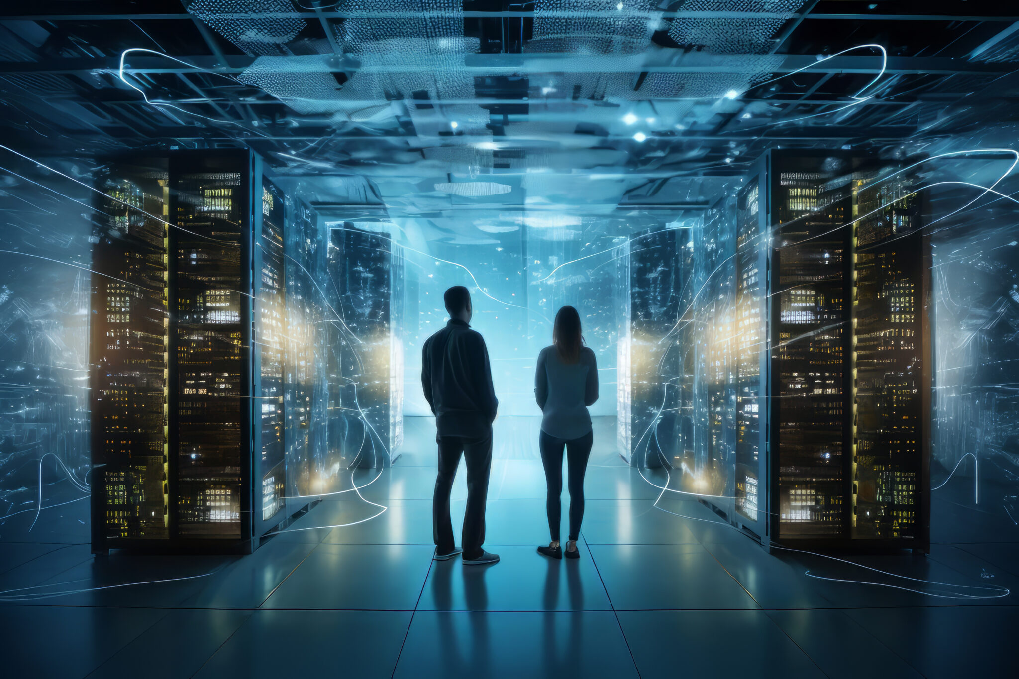 Zwei Personen in einem digital animierten Serverraum mit vernetzten Systemen und abstrakten Datenströmen
