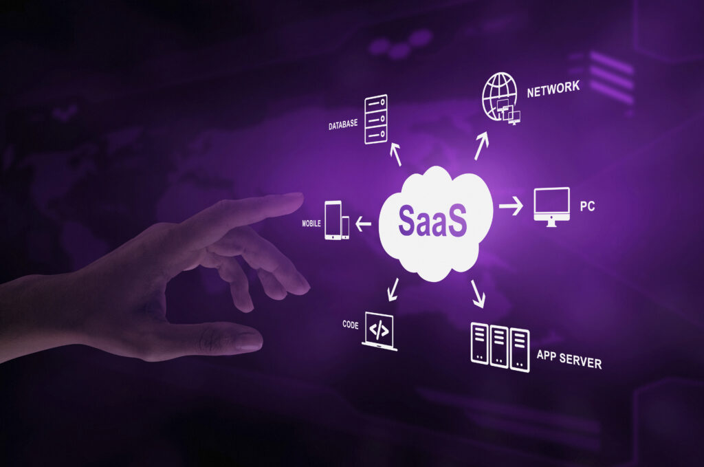 Grafik zur Darstellung des SaaS-Modells mit Microsoft 365 – verbunden mit PC, Mobile, Netzwerk, Code, Datenbank und App-Servern.