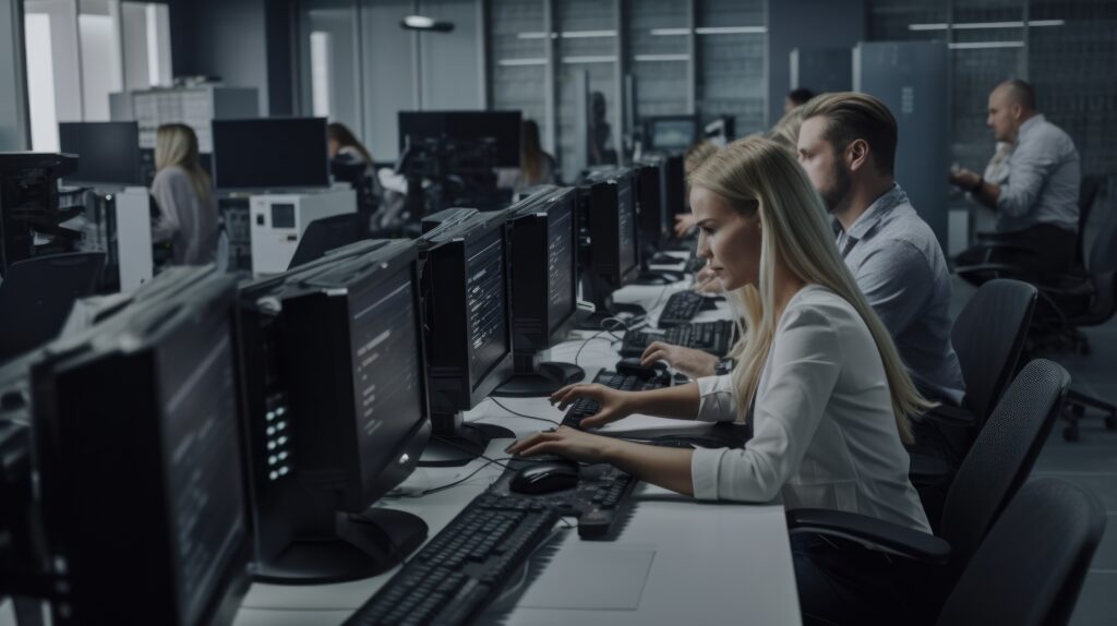Junges IT-Team bespricht technische Lösungen vor Monitoren