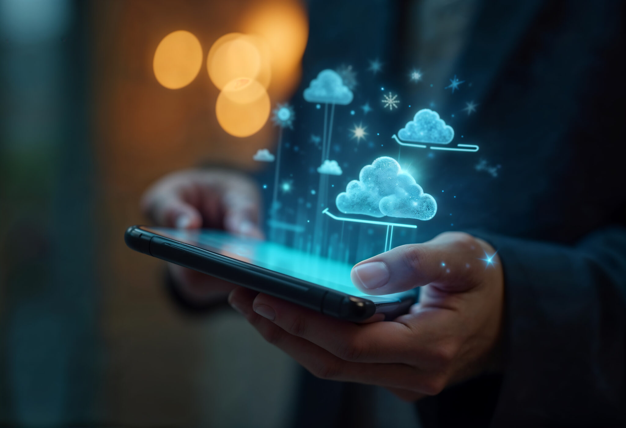 Smartphone mit schwebenden Cloud-Symbolen in der Hand eines Nutzers