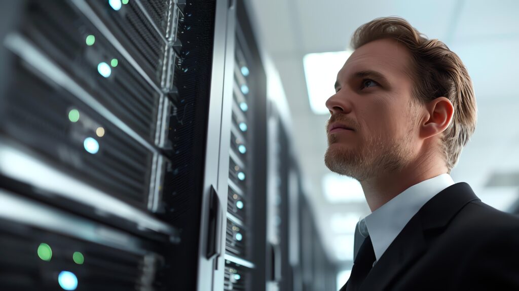 Nachdenklicher IT-Profi blickt auf Serverracks in einem hellen Serverraum mit laufenden Systemen