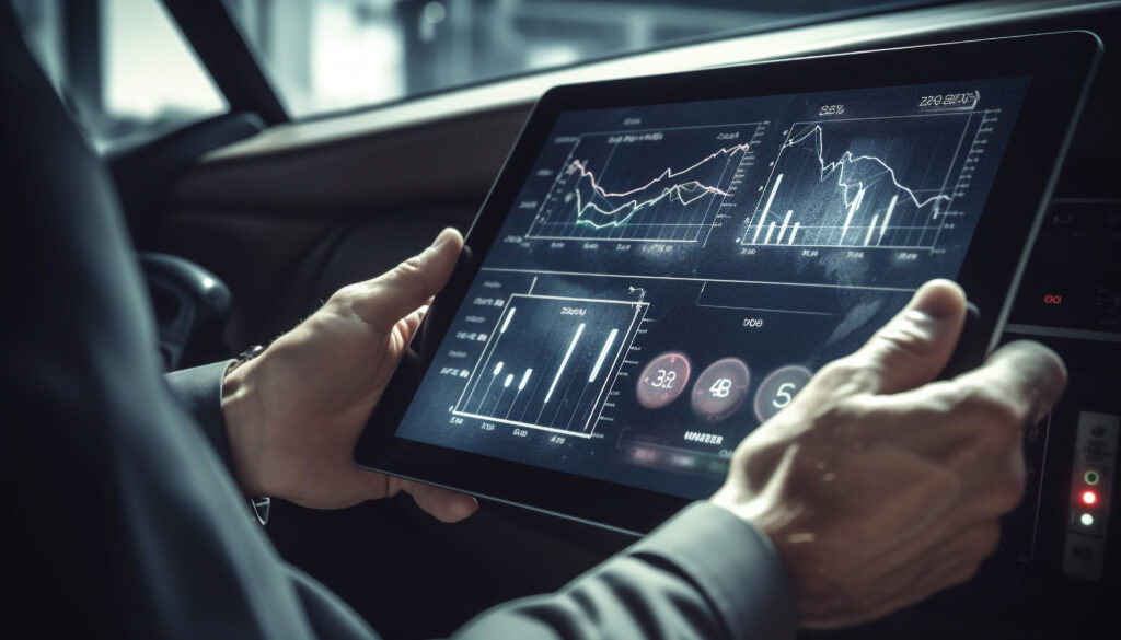 Geschäftsmann analysiert Systemdaten und Diagramme auf einem Tablet