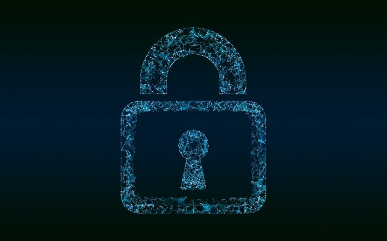 Digitales Vorhängeschloss aus leuchtenden Datenpunkten als Symbol für Cybersecurity und Hackerschutz